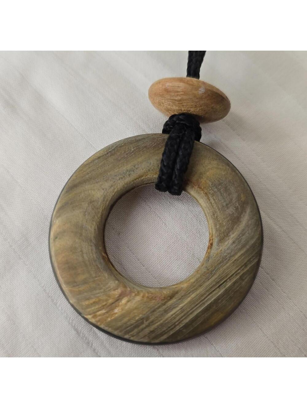 Natural Coconut Shell Round Pendant with Yellow Bead Black Chain Necklace